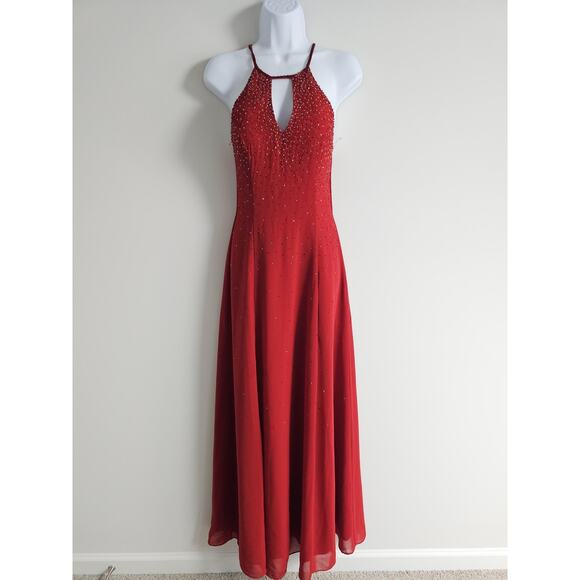 Vintage Chicas Dress Womens Medium Red Beaded Halter 90s Prom Gown Romantic Y2K - Picture 1 of 12